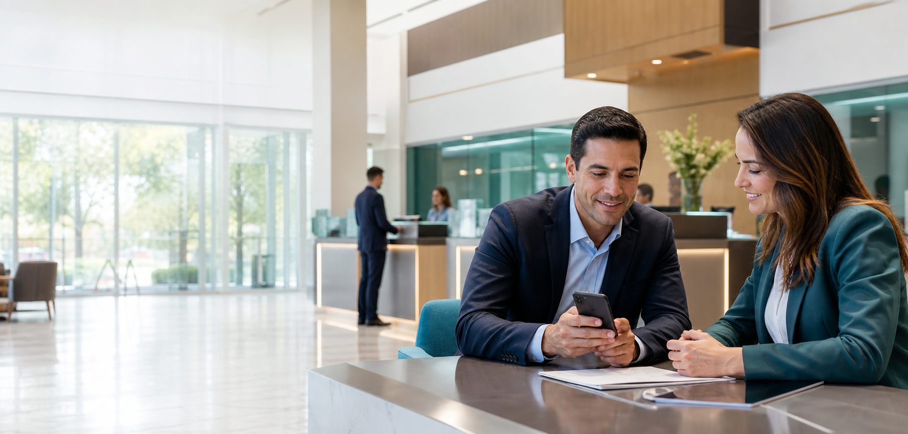 Modern banking lounge with a customer and advisor